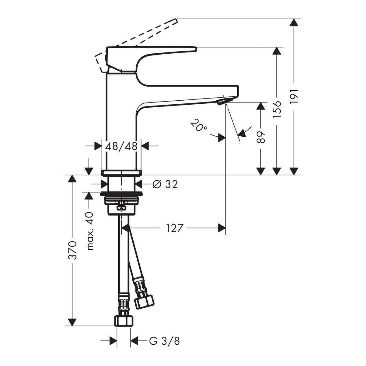 Hansgrohe Metropol Single lever basin mixer 100 with lever handle for handrinse basins with push open waste set 32500000 technical 01.jpg