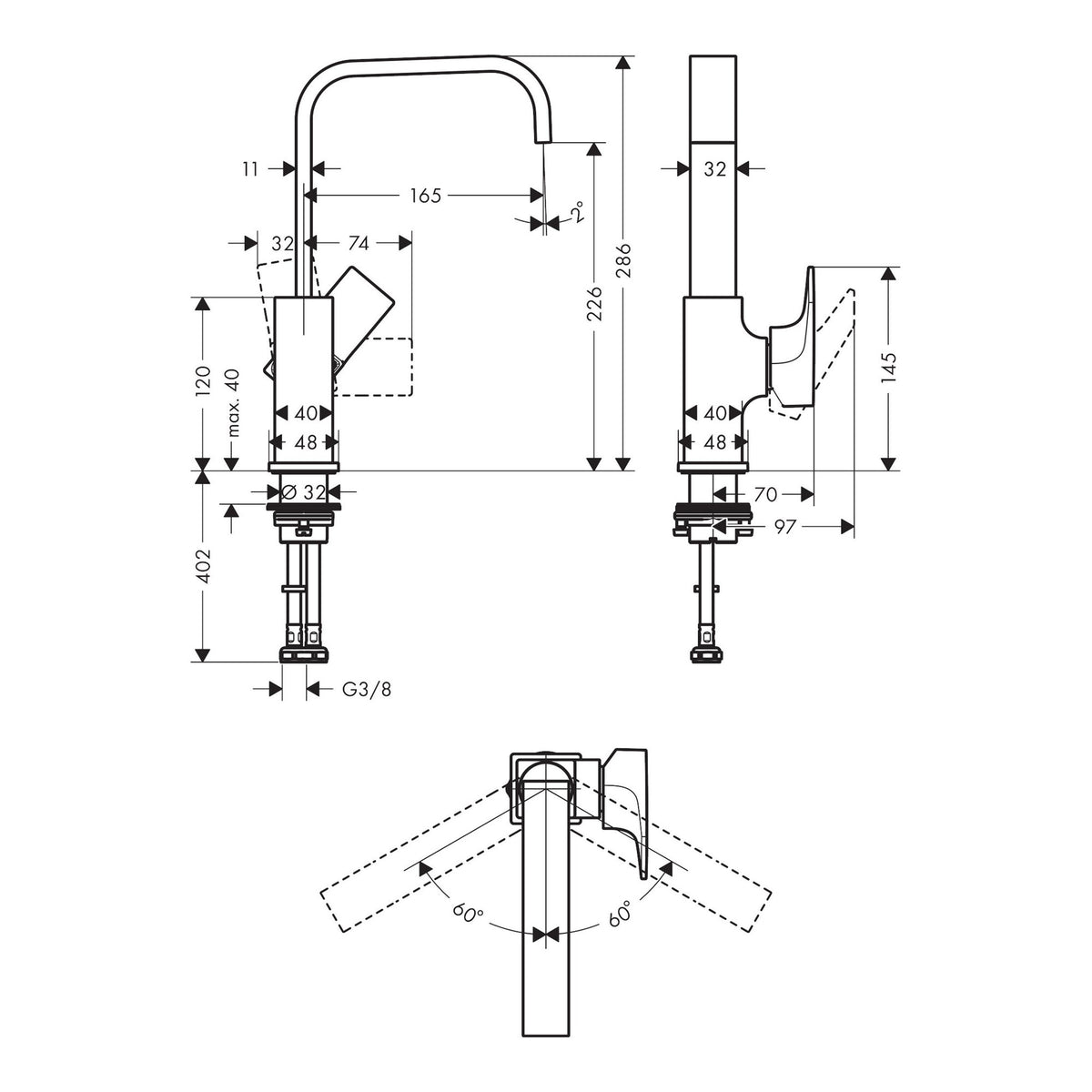 Hansgrohe Metropol Single lever basin mixer 230 with lever handle and push open waste set 32511000 technical 01.jpg