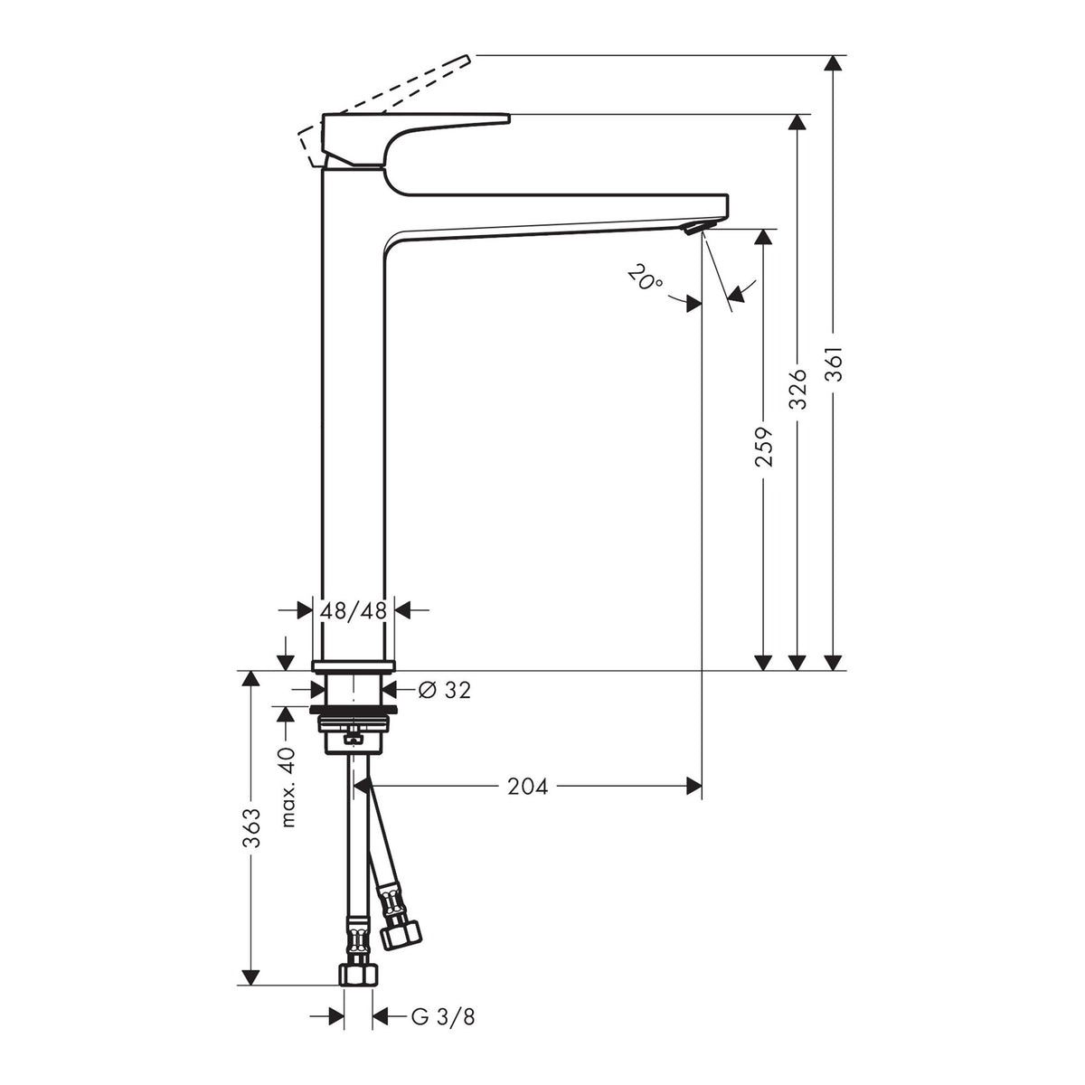 Hansgrohe Metropol Single lever basin mixer 260 with lever handle for wash bowls with push open waste set 32512000 technical 01.jpg