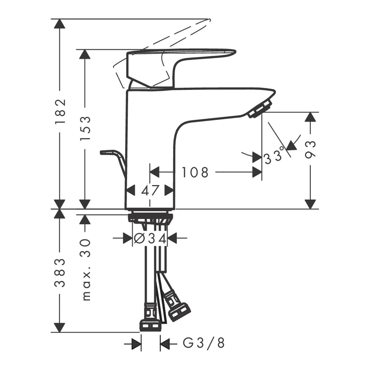 Hansgrohe MySport Single lever basin mixer L with pop-up waste set Scale drawing / שרטוט מידות