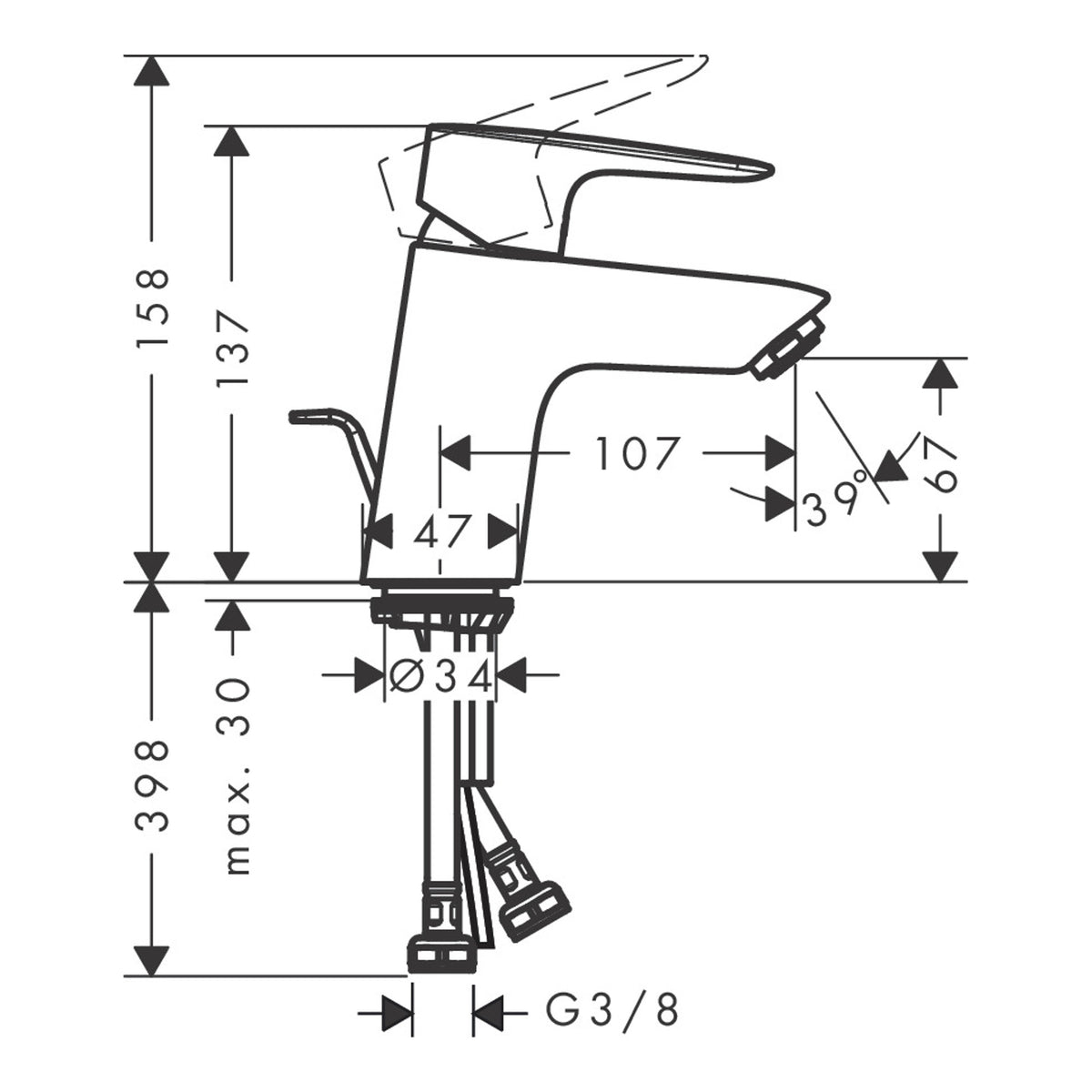 Hansgrohe MySport Single lever basin mixer M with pop-up waste set Scale drawing / שרטוט מידות