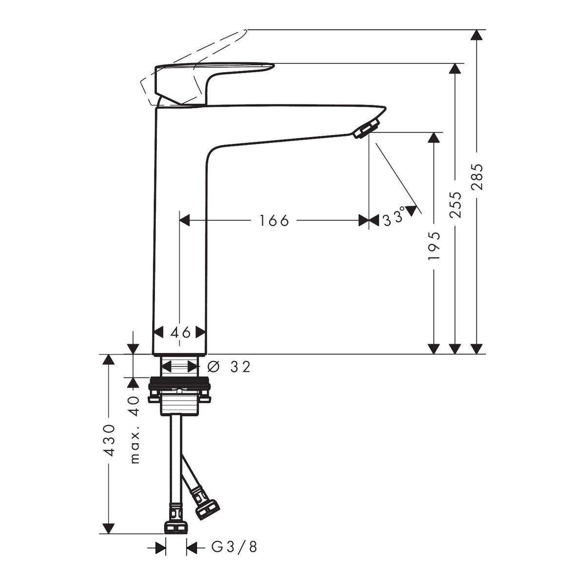 Hansgrohe MySport Single lever basin mixer XL without waste set Scale drawing / שרטוט מידות