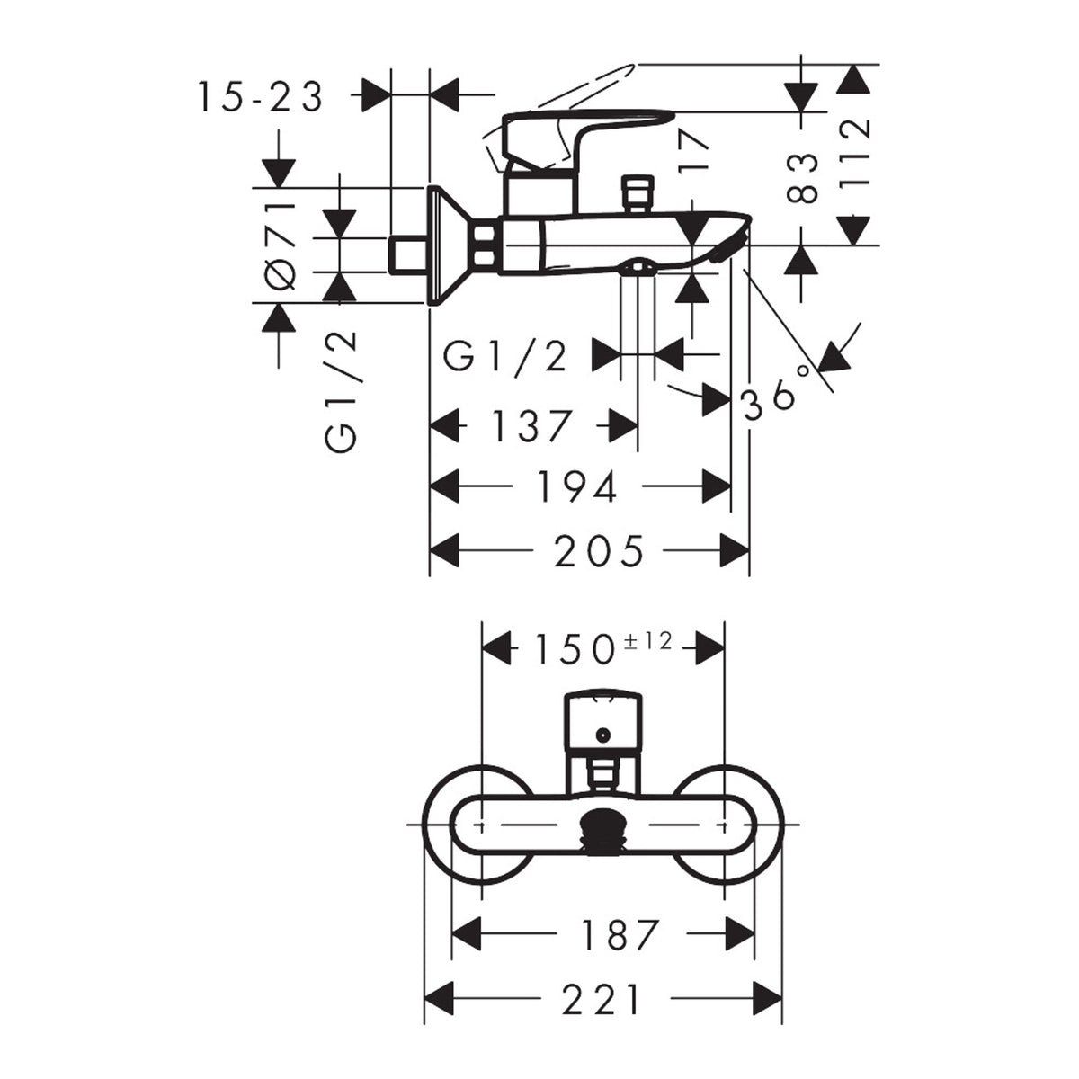 Hansgrohe MySport Single lever bath mixer for exposed installation Scale drawing / שרטוט מידות
