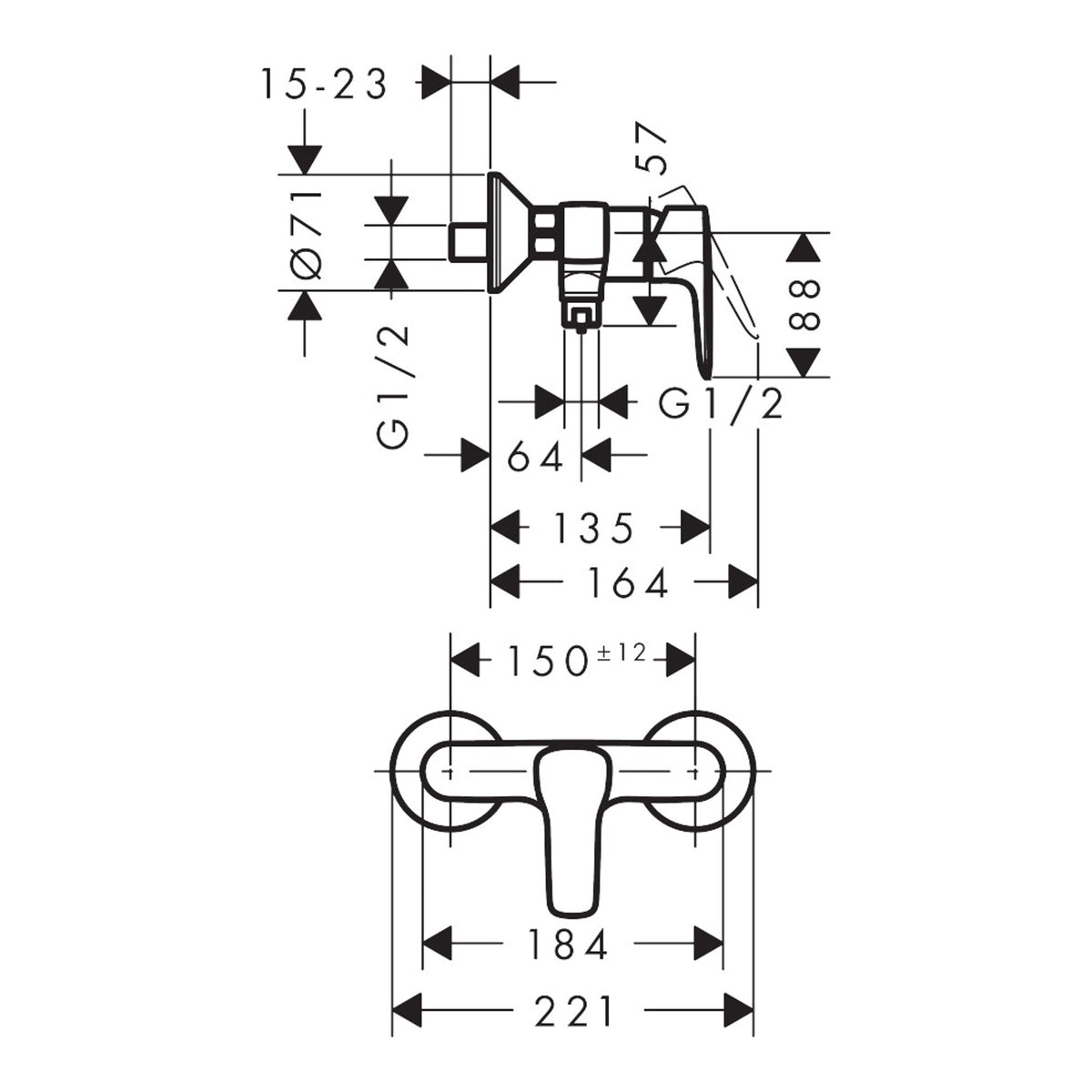 Hansgrohe MySport Single lever shower mixer for exposed installation Scale drawing / שרטוט מידות