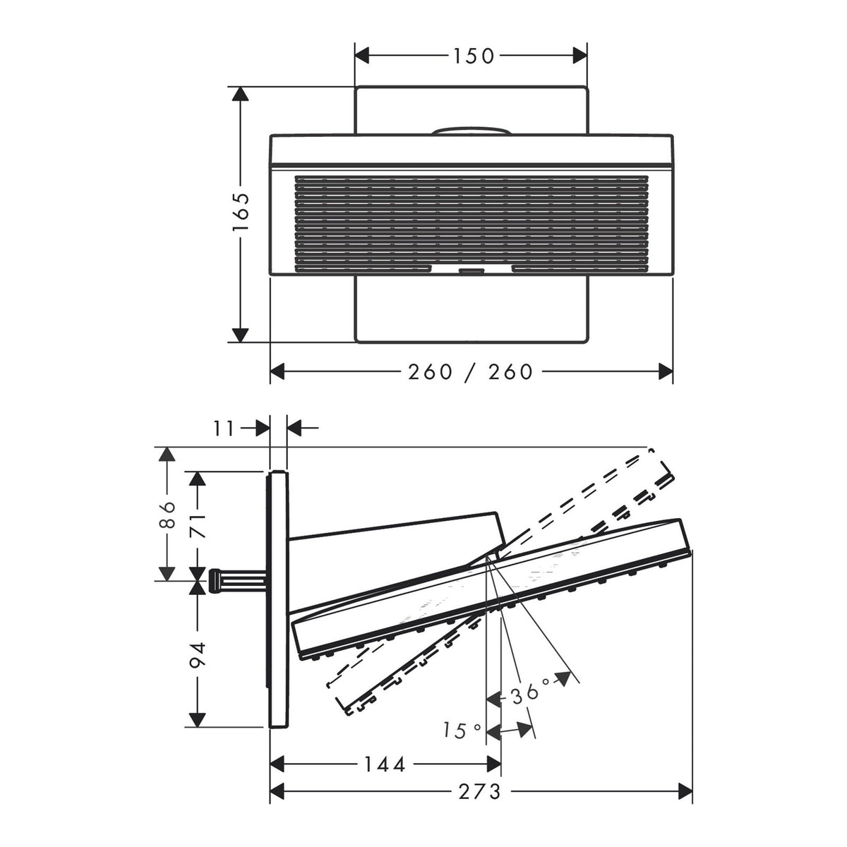 Hansgrohe Pulsify E Overhead shower 260 2jet with wall connector 24350000 technical 01.jpg