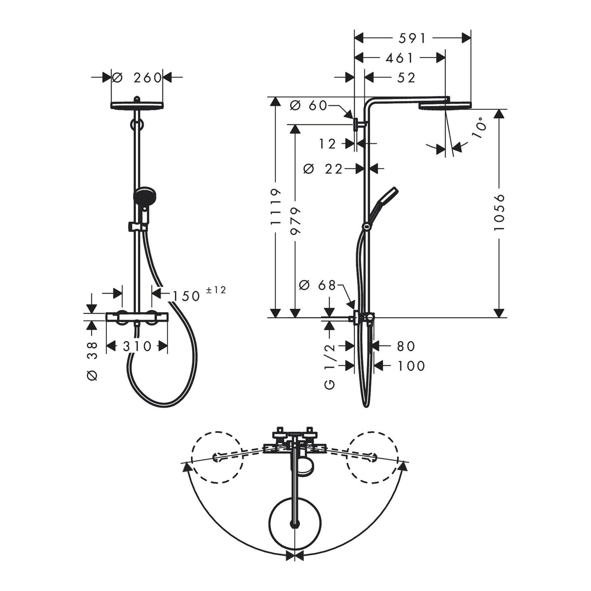 Hansgrohe Pulsify S Puro Showerpipe 260 1jet EcoSmart with Ecostat Fine and hand shower 3jet 24237000 technical 01.jpg