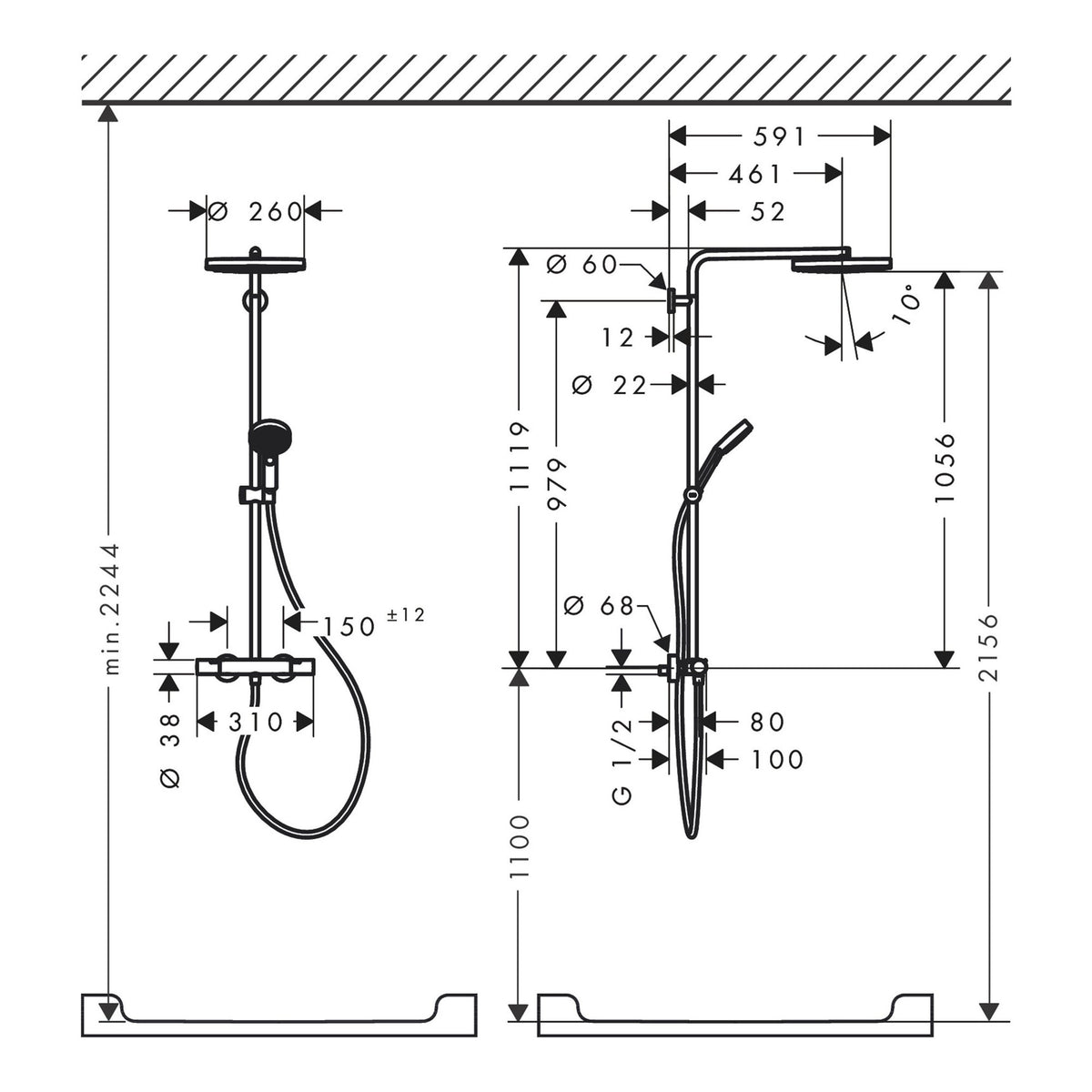 Hansgrohe Pulsify S Puro Showerpipe 260 1jet EcoSmart with Ecostat Fine and hand shower 3jet 24237000 technical 02.jpg