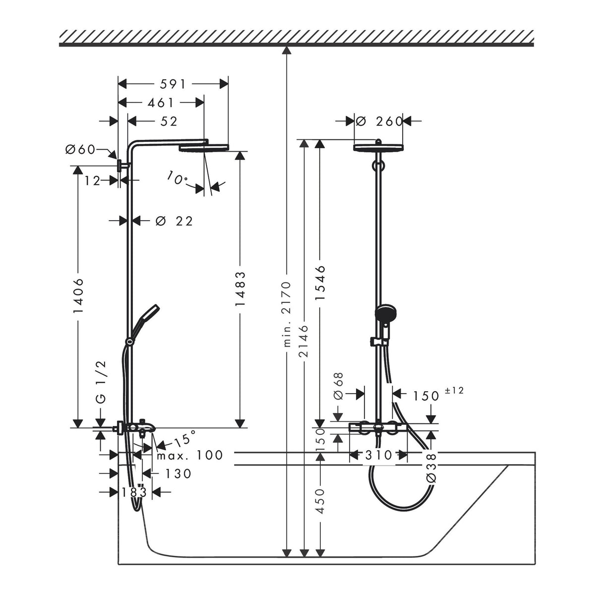 Hansgrohe Pulsify S Puro Showerpipe 260 1jet EcoSmart with bath thermostat Ecostat Fine and hand shower 3jet 24232000 technical 02.jpg