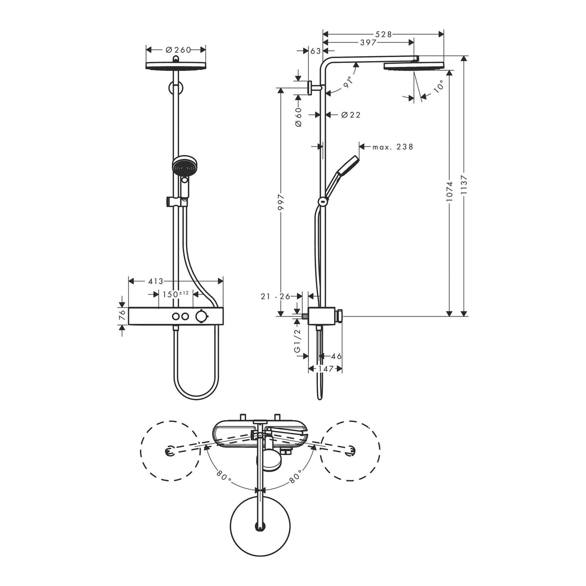 Hansgrohe Pulsify S Showerpipe 260 1jet EcoSmart with ShowerTablet Select 400 24221000 technical 01.jpg