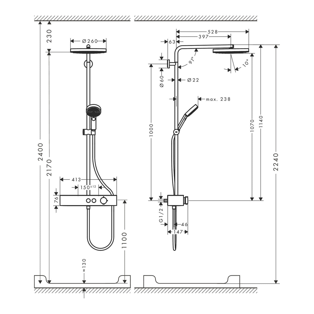 Hansgrohe Pulsify S Showerpipe 260 1jet EcoSmart with ShowerTablet Select 400 24221000 technical 02.jpg