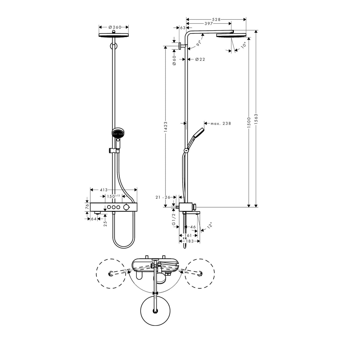 Hansgrohe Pulsify S Showerpipe 260 1jet with bath thermostat ShowerTablet 400 24230000 technical 01.jpg