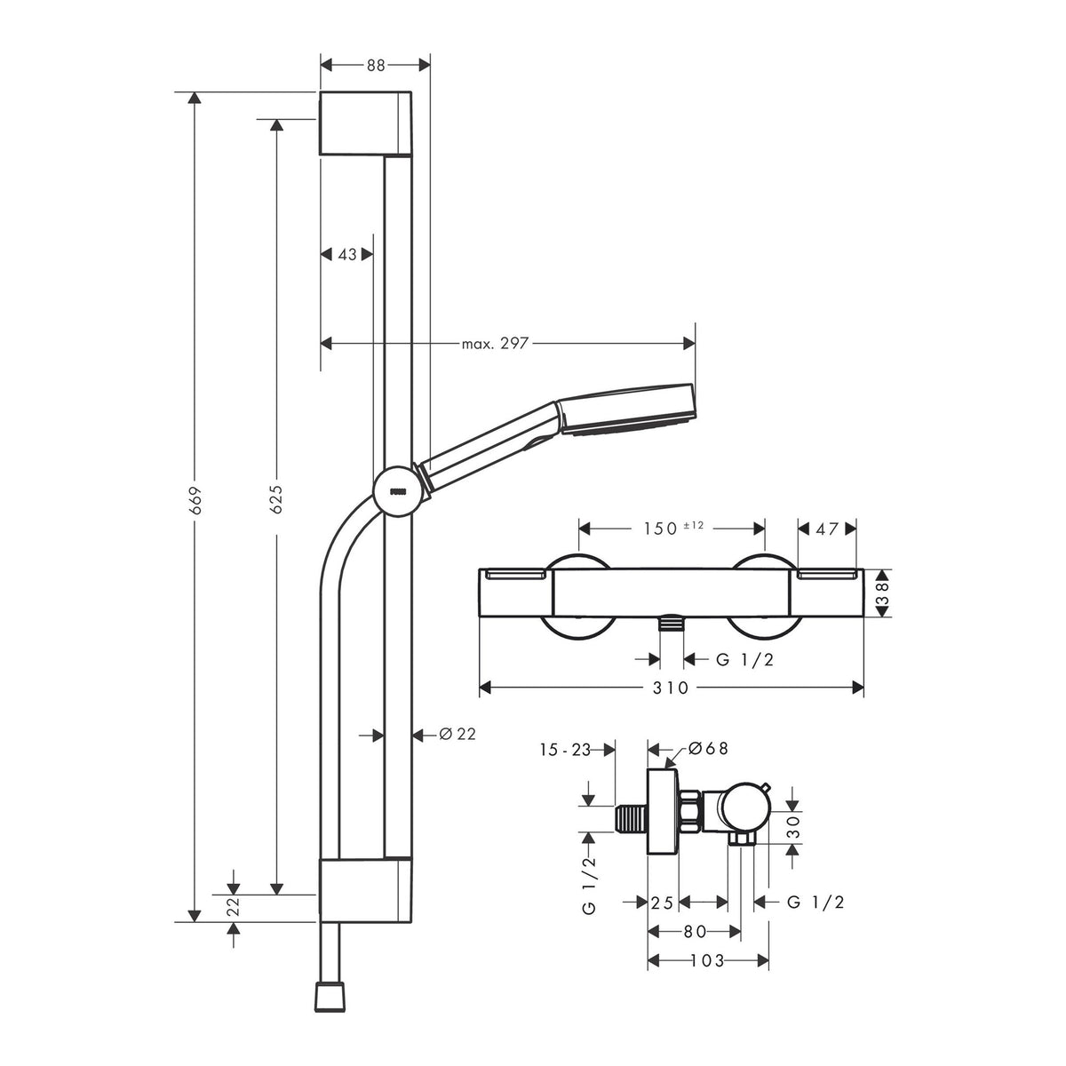 Hansgrohe Pulsify Select S Shower system 105 3jet Relaxation EcoSmart with Ecostat Element and shower bar 65 cm 24272000 technical 01.jpg