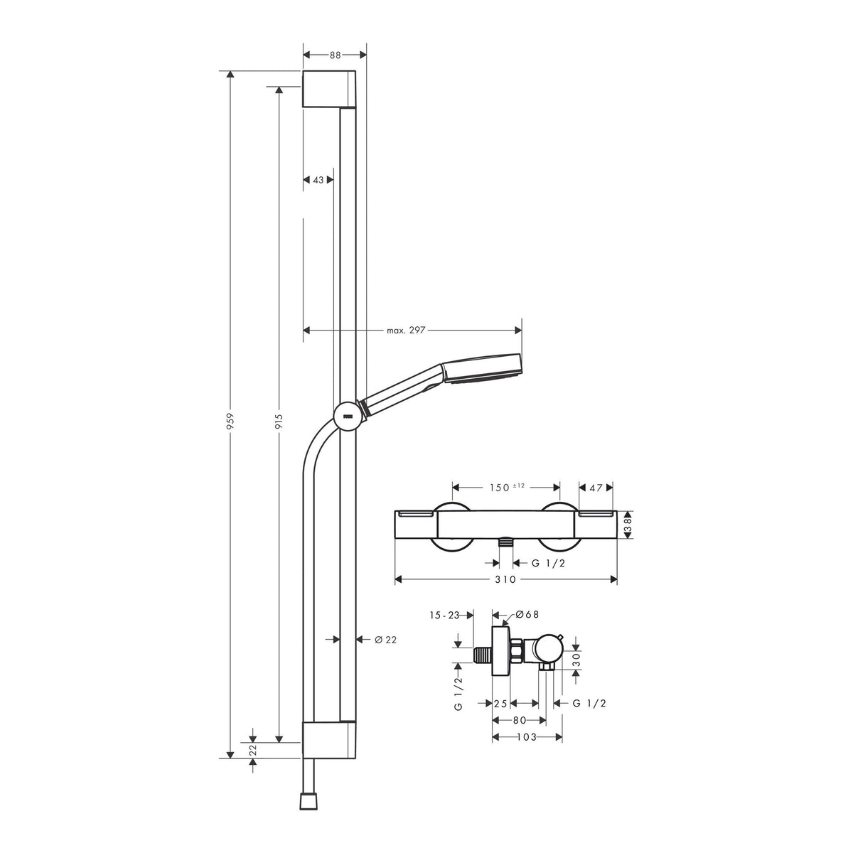 Hansgrohe Pulsify Select S Shower system 105 3jet Relaxation EcoSmart with Ecostat Element and shower bar 90 cm 24271000 technical 01.jpg