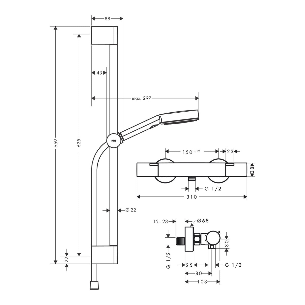 Hansgrohe Pulsify Select S Shower system 105 3jet Relaxation EcoSmart with Ecostat Fine and shower bar 65 cm 24262000 technical 01.jpg