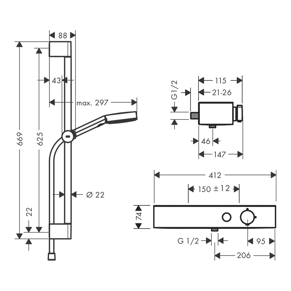 Hansgrohe Pulsify Select S Shower system 105 3jet Relaxation with ShowerTablet 400 shower bar 65 cm slider and shower hose 24260000 technical 01.jpg
