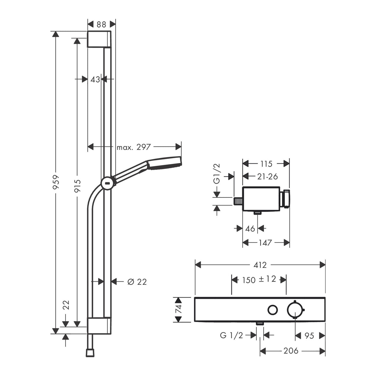 Hansgrohe Pulsify Select S Shower system 105 3jet Relaxation with ShowerTablet 400 shower bar 90 cm slider and shower hose 24270000 technical 01.jpg