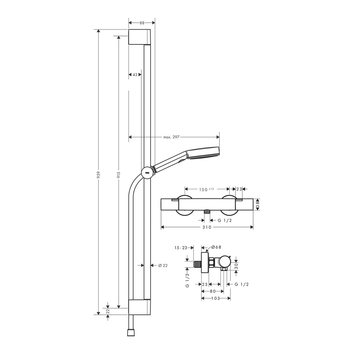 Hansgrohe Pulsify Select S Shower system105 3jet Relaxation EcoSmart with Ecostat Fine and shower bar 90 cm 24261000 technical 01.jpg