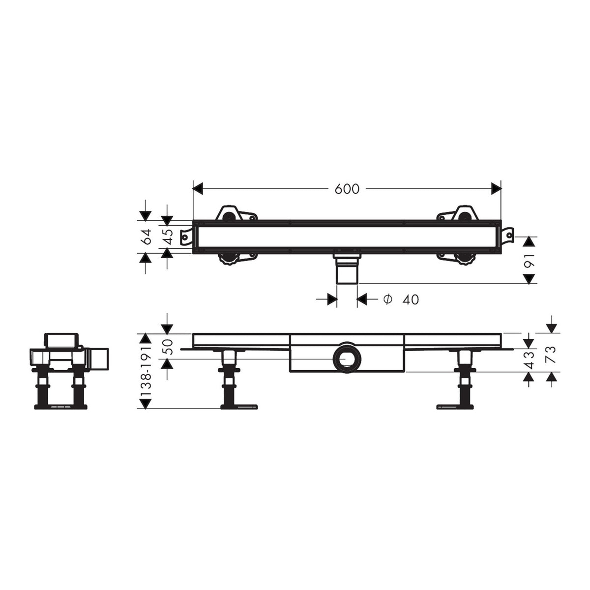 Hansgrohe RainDrain Compact Complete set shower drain 600 tileable for flat installation 56163000 technical 01.jpg