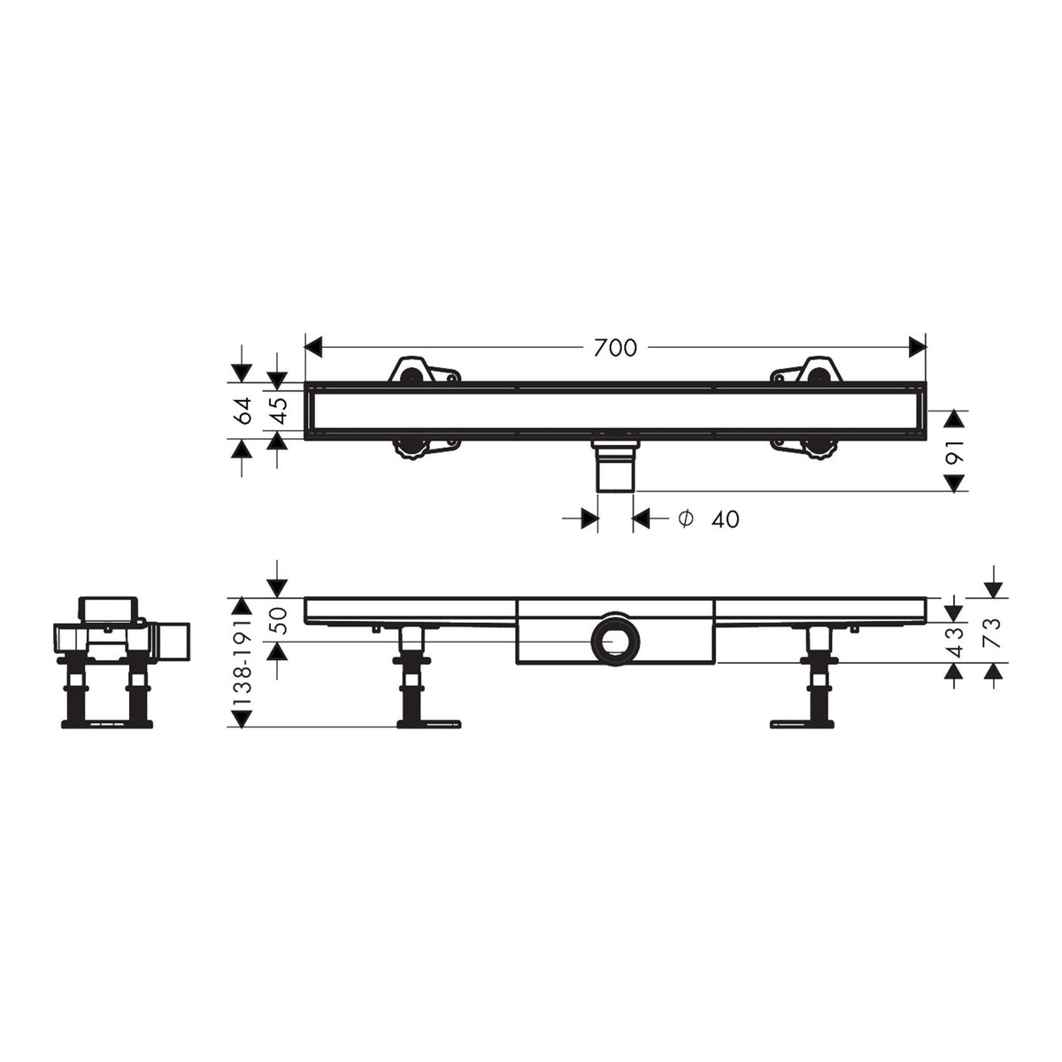 Hansgrohe RainDrain Compact Complete set shower drain 700 tileable for flat installation 56165000 technical 01.jpg