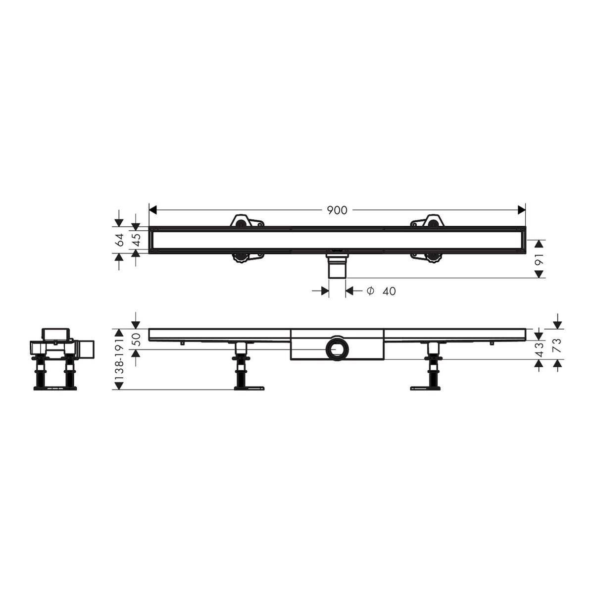 Hansgrohe RainDrain Compact Complete set shower drain 900 tileable for flat installation 56169000 technical 01.jpg