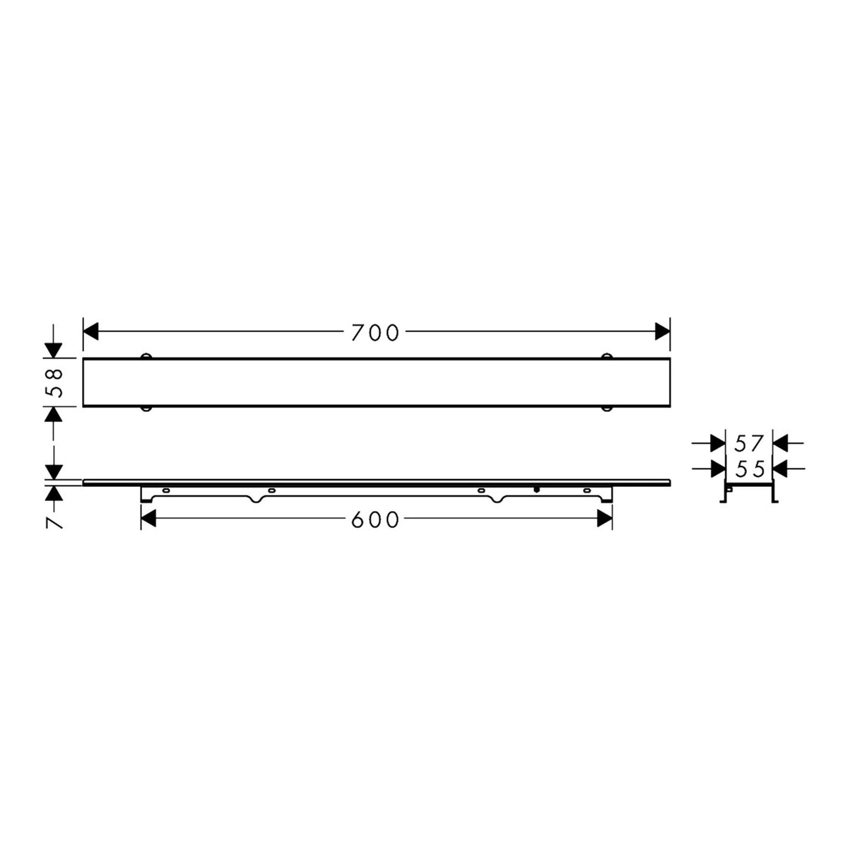 Hansgrohe RainDrain Rock Finish set shower drain 700 cut on size and tileable 56029000 technical 01.jpg