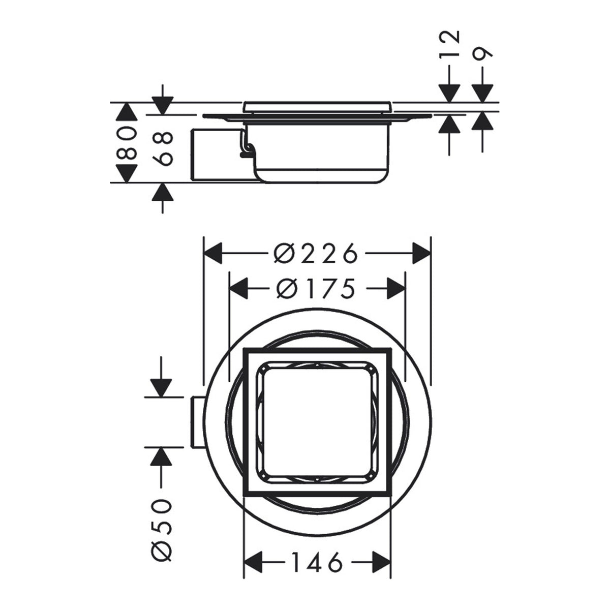 Hansgrohe RainDrain Spot Complete set point drain 150 150 56055800 technical 01.jpg