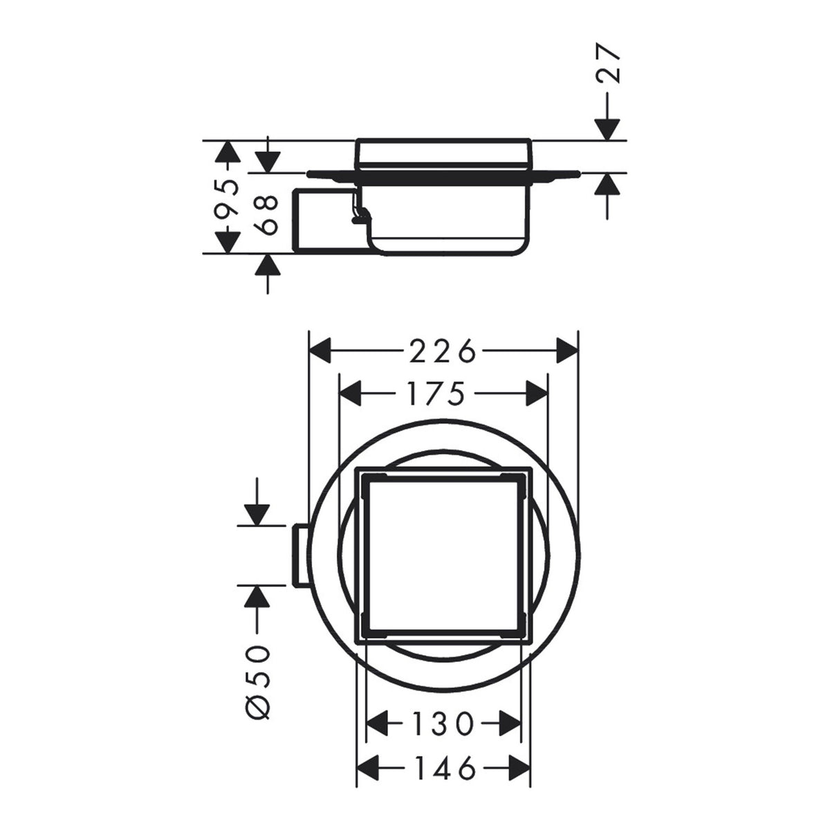 Hansgrohe RainDrain Spot Complete set point drain 150 150 tileable rear cover 56112800 technical 01.jpg