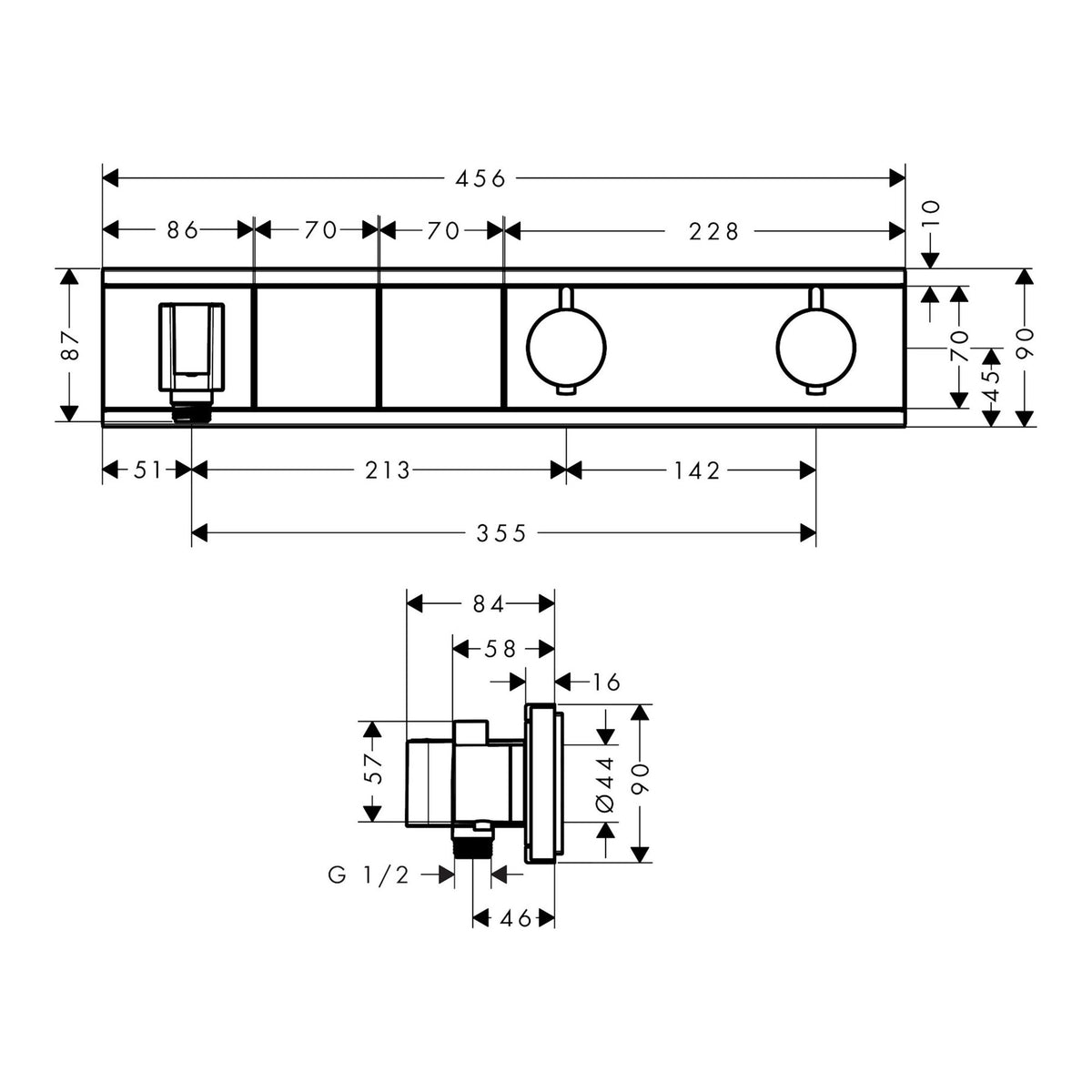 Hansgrohe RainSelect Thermostat for concealed installation for 2 functions with integrated shower holder 15355000 technical 01.jpg