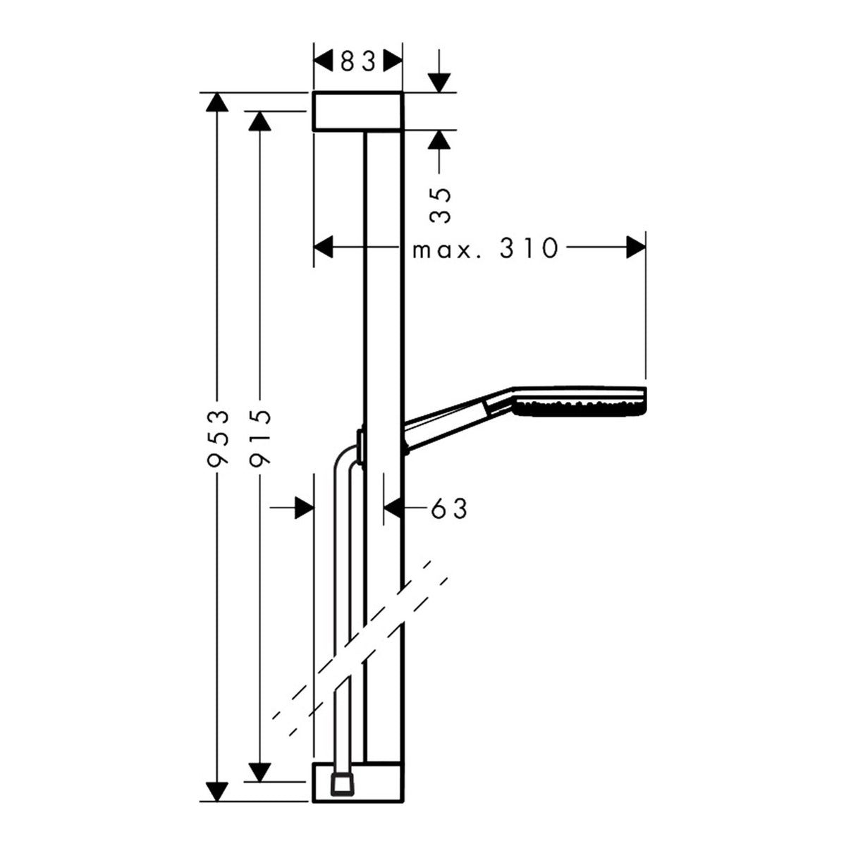 Hansgrohe Raindance Alive Select S Shower set 125 3jet EcoSmart with shower bar Unica E Puro 90 cm and easy slide hand shower holder 24601140 technical 01.jpg