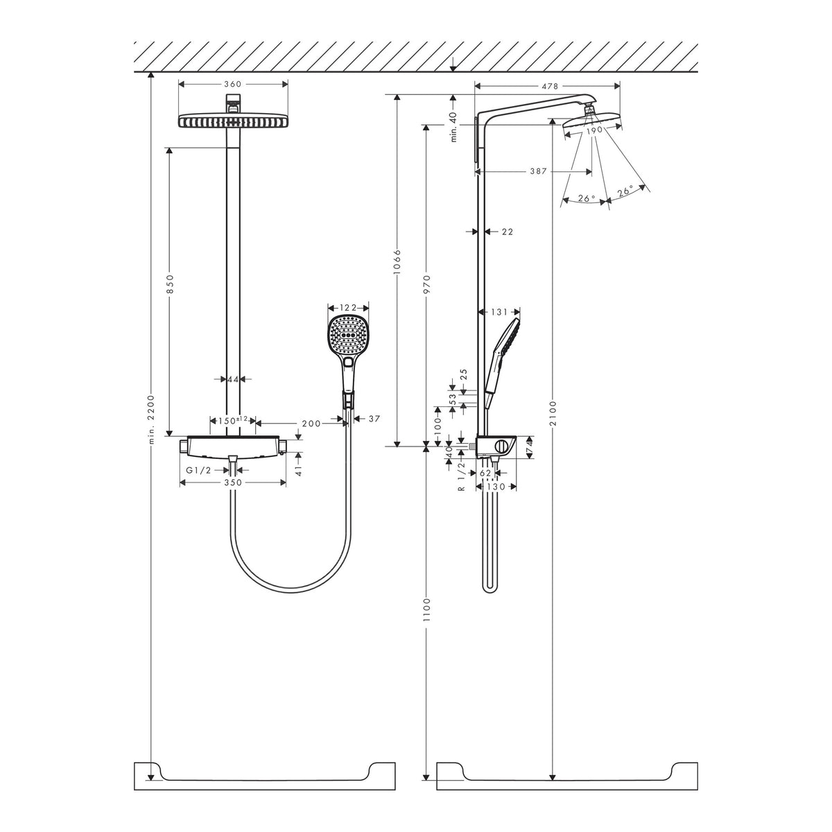 Hansgrohe Raindance E Showerpipe 360 1jet EcoSmart with thermostat Installation example