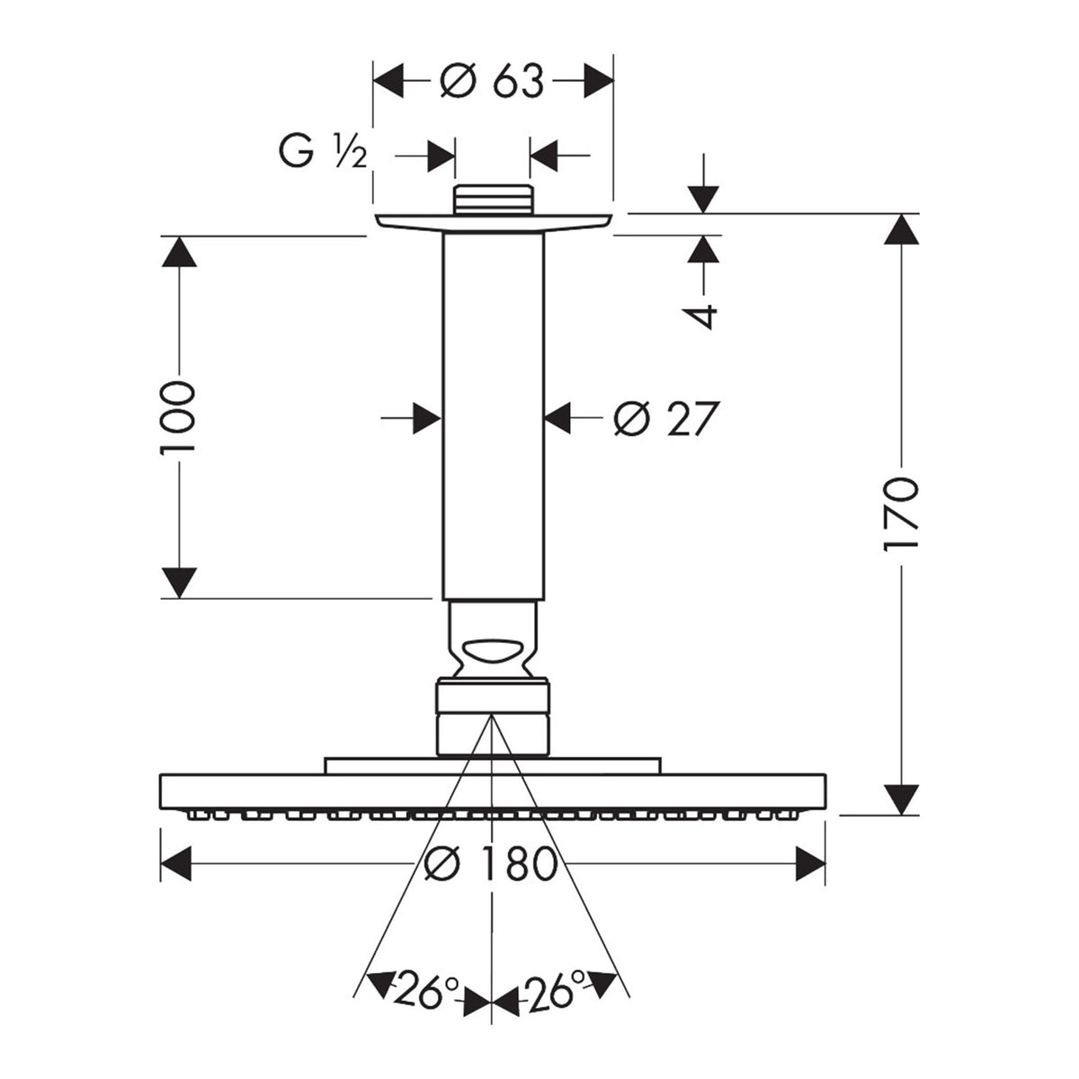 Hansgrohe Raindance S Overhead shower 180 1jet with ceiling connector 27478000 technical 01.jpg