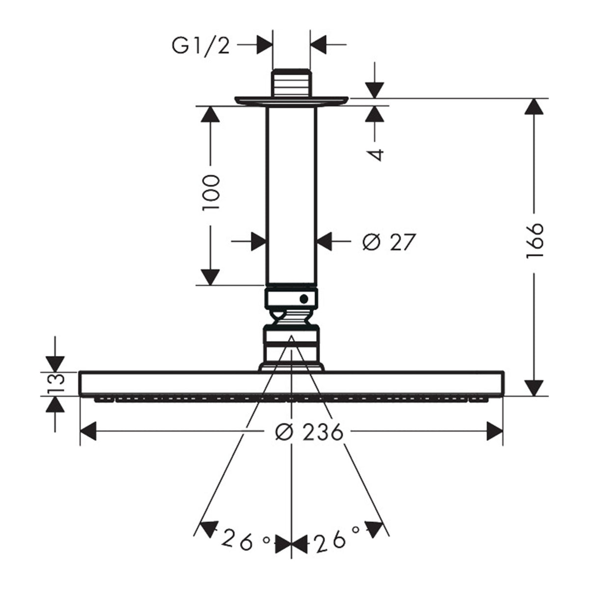 Hansgrohe Raindance S Overhead shower 240 1jet PowderRain with ceiling connector 27620000 technical 01.jpg