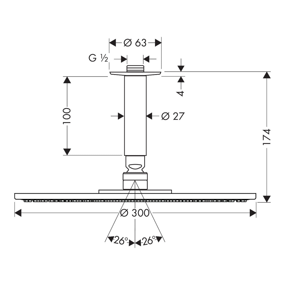 Hansgrohe Raindance S Overhead shower 300 1jet EcoSmart with ceiling connector 26600000 technical 01.jpg