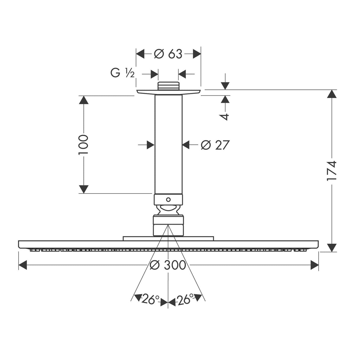 Hansgrohe Raindance S Overhead shower 300 1jet EcoSmart with ceiling connector 26600000 technical 02.jpg