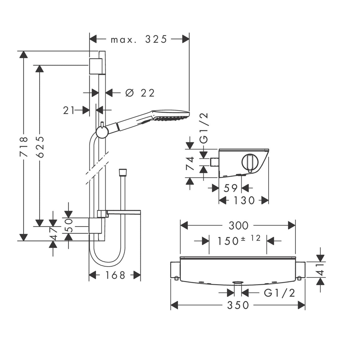Hansgrohe Raindance Select E Shower system for exposed installation 120 3jet with Ecostat Select thermostat and shower bar 65 cm 27038000 technical 01.jpg