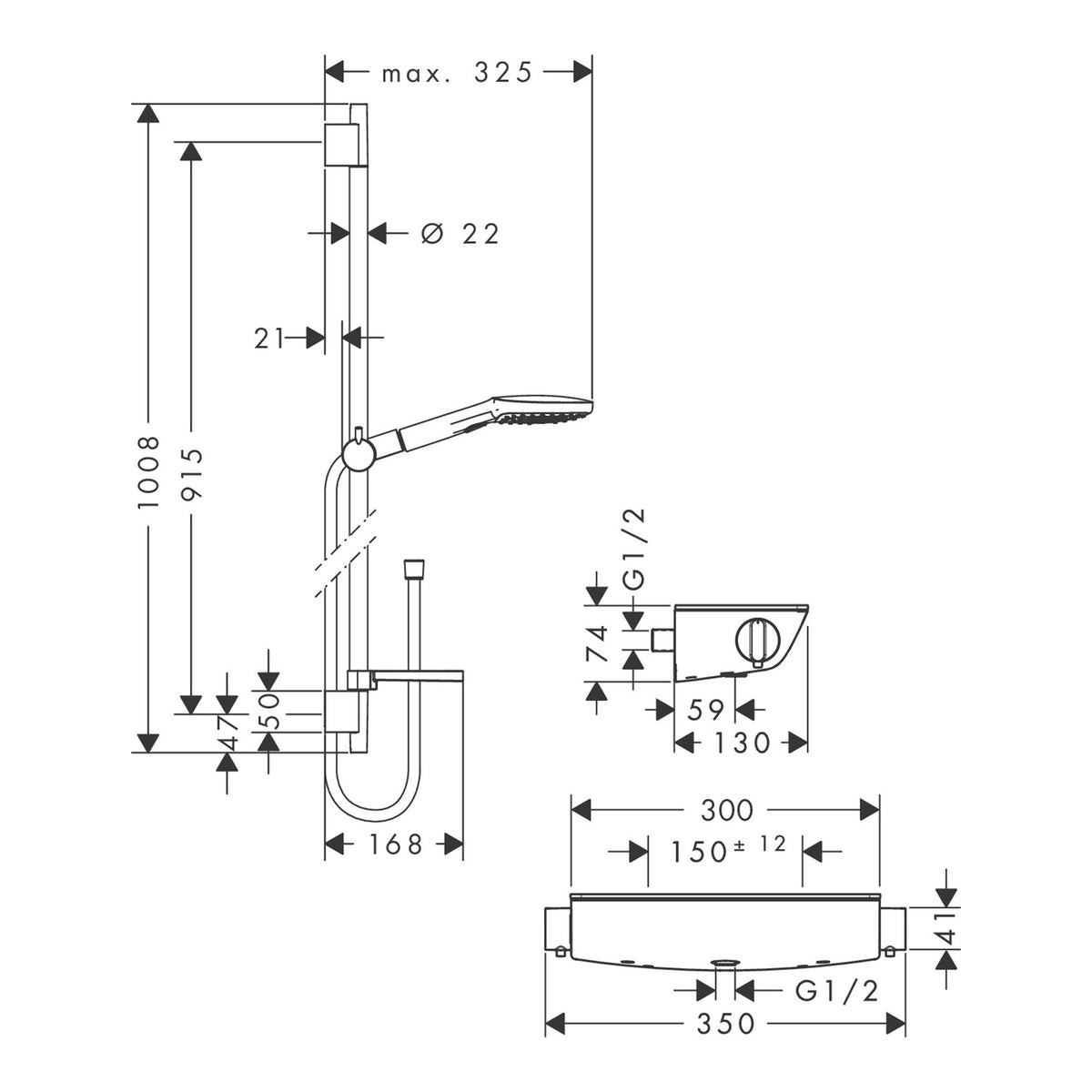 Hansgrohe Raindance Select E Shower system for exposed installation 120 3jet with Ecostat Select thermostat and shower bar 90 cm 27039000 technical 01.jpg