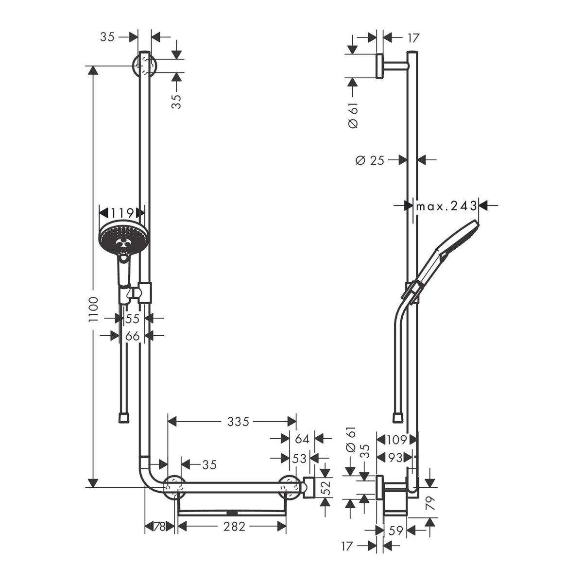 Hansgrohe Raindance Select S Shower set 120 3jet with shower bar 110 cm left 26324000 technical 01.jpg