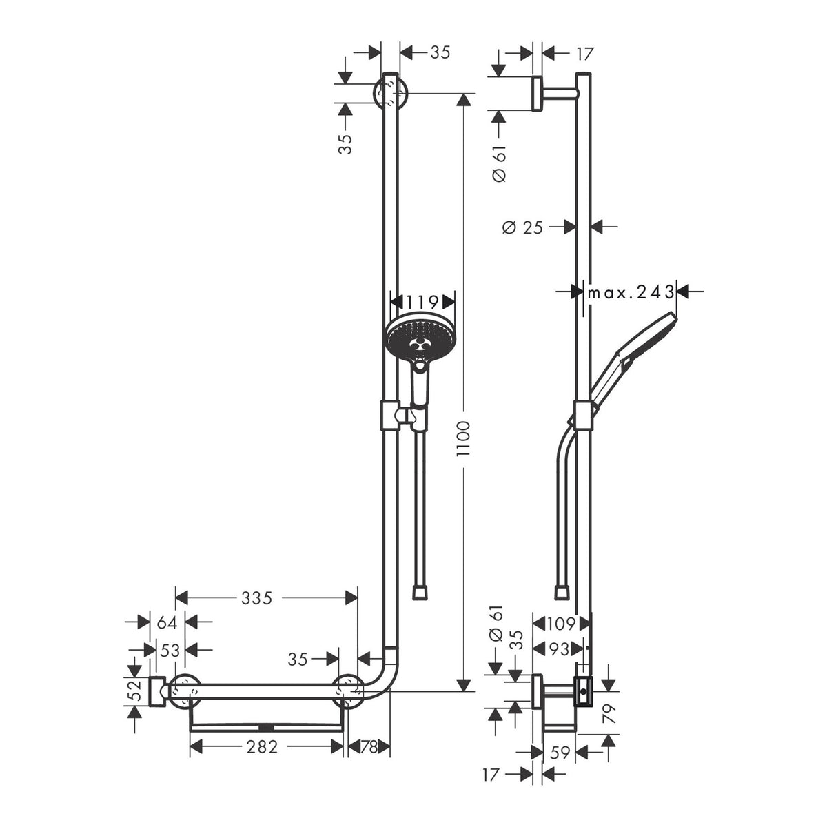Hansgrohe Raindance Select S Shower set 120 3jet with shower bar 110 cm right 26326000 technical 01.jpg