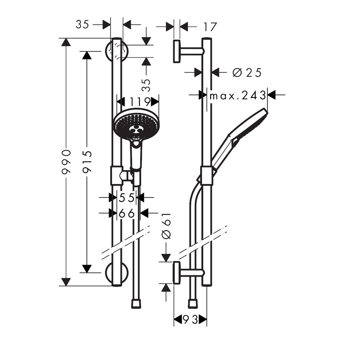 Hansgrohe Raindance Select S Shower set 120 3jet with shower bar 90 cm 26322400 technical 01.jpg