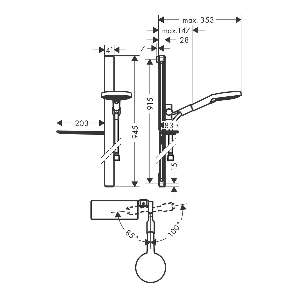 Hansgrohe Raindance Select S Shower set 120 3jet with shower bar 90 cm and shelf 27648000 technical 01.jpg