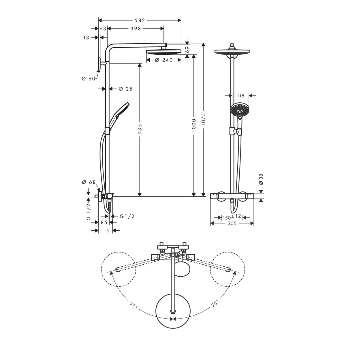 Hansgrohe Raindance Select S Showerpipe 240 2jet with thermostat Scale drawing / שרטוט מידות