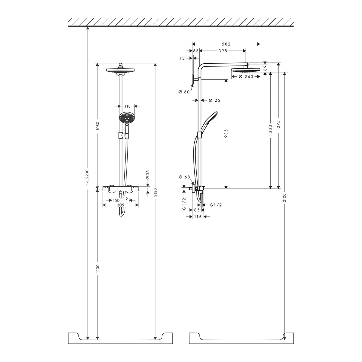 Hansgrohe Raindance Select S Showerpipe 240 2jet with thermostat Installation example