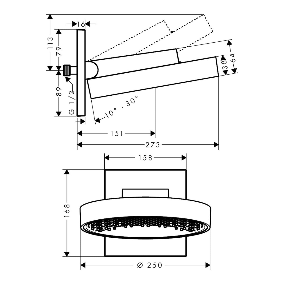 Hansgrohe Rainfinity Overhead shower 250 1jet EcoSmart with wall connector 26227000 technical 01.jpg