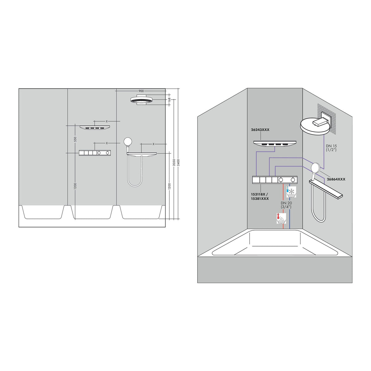 Hansgrohe Rainfinity Overhead shower 250 1jet EcoSmart with wall connector 26227000 technical 02.jpg