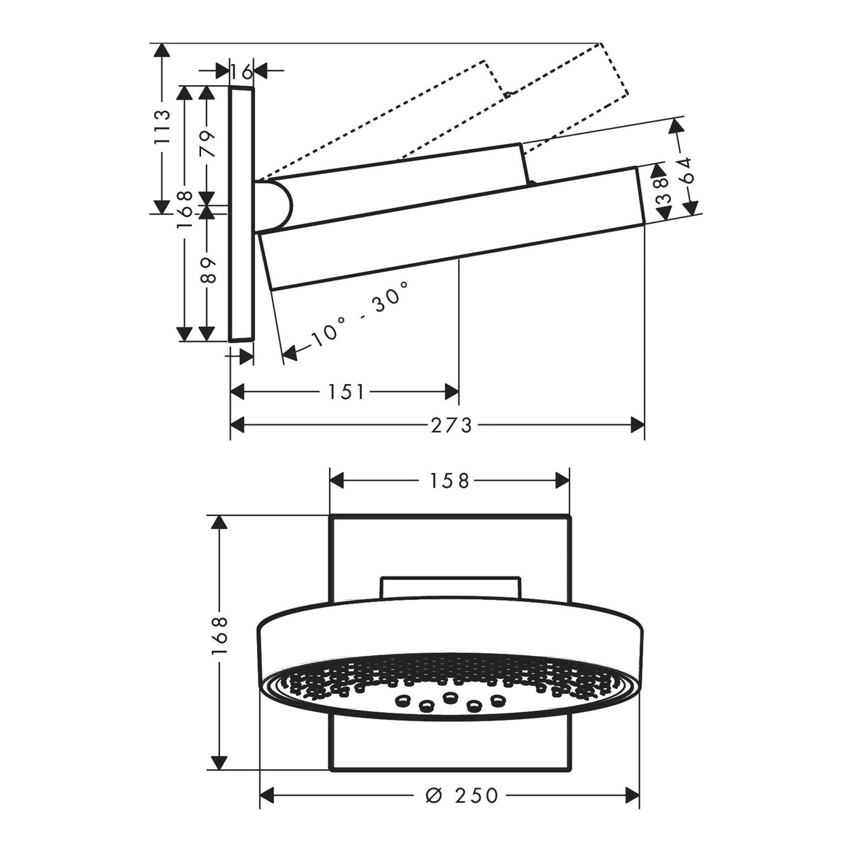 Hansgrohe Rainfinity Overhead shower 250 3jet EcoSmart with wall connector 26233000 technical 01.jpg