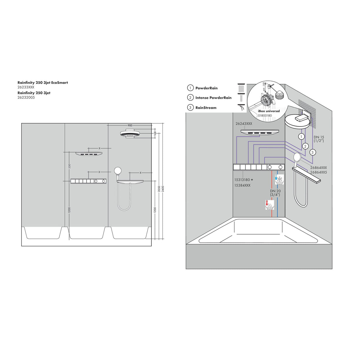 Hansgrohe Rainfinity Overhead shower 250 3jet EcoSmart with wall connector 26233000 technical 03.jpg