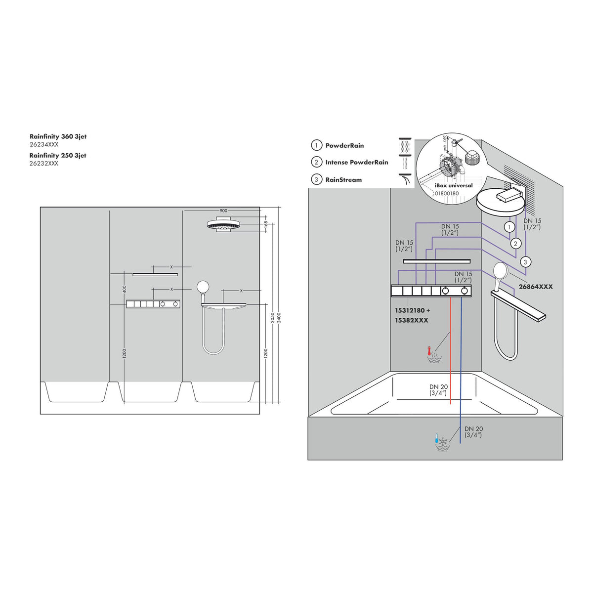 Hansgrohe Rainfinity Overhead shower 360 3jet with wall connector 26234000 technical 03.jpg