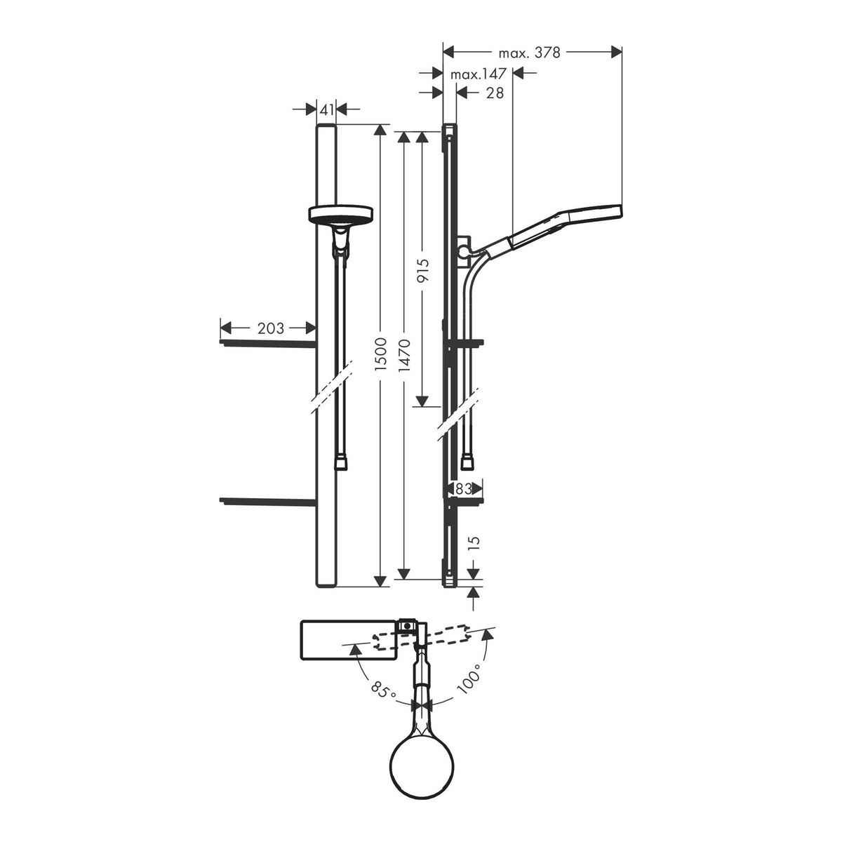 Hansgrohe Rainfinity Shower set 130 3jet with shower bar 150 cm and shelves 27673000 technical 01.jpg