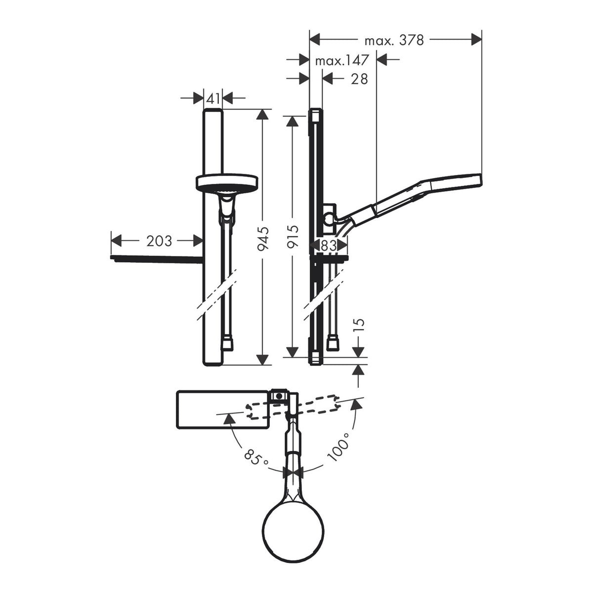 Hansgrohe Rainfinity Shower set 130 3jet with shower bar 90 cm and shelf 27671000 technical 01.jpg