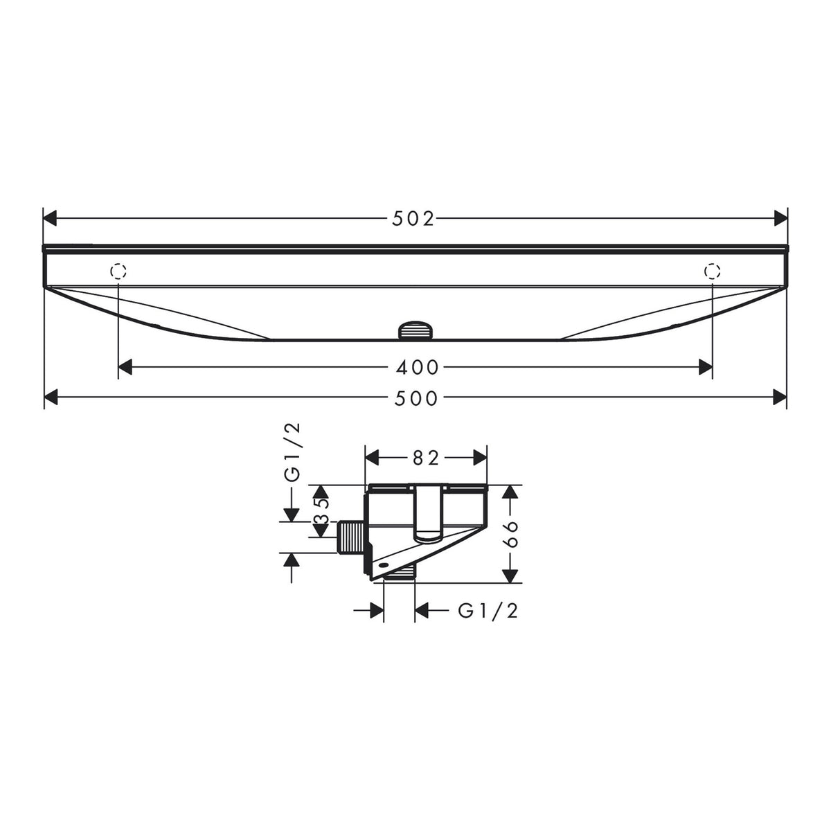 Hansgrohe Rainfinity Wall outlet Porter 500 with shower holder left and shower shelf 26843000 technical 01.jpg